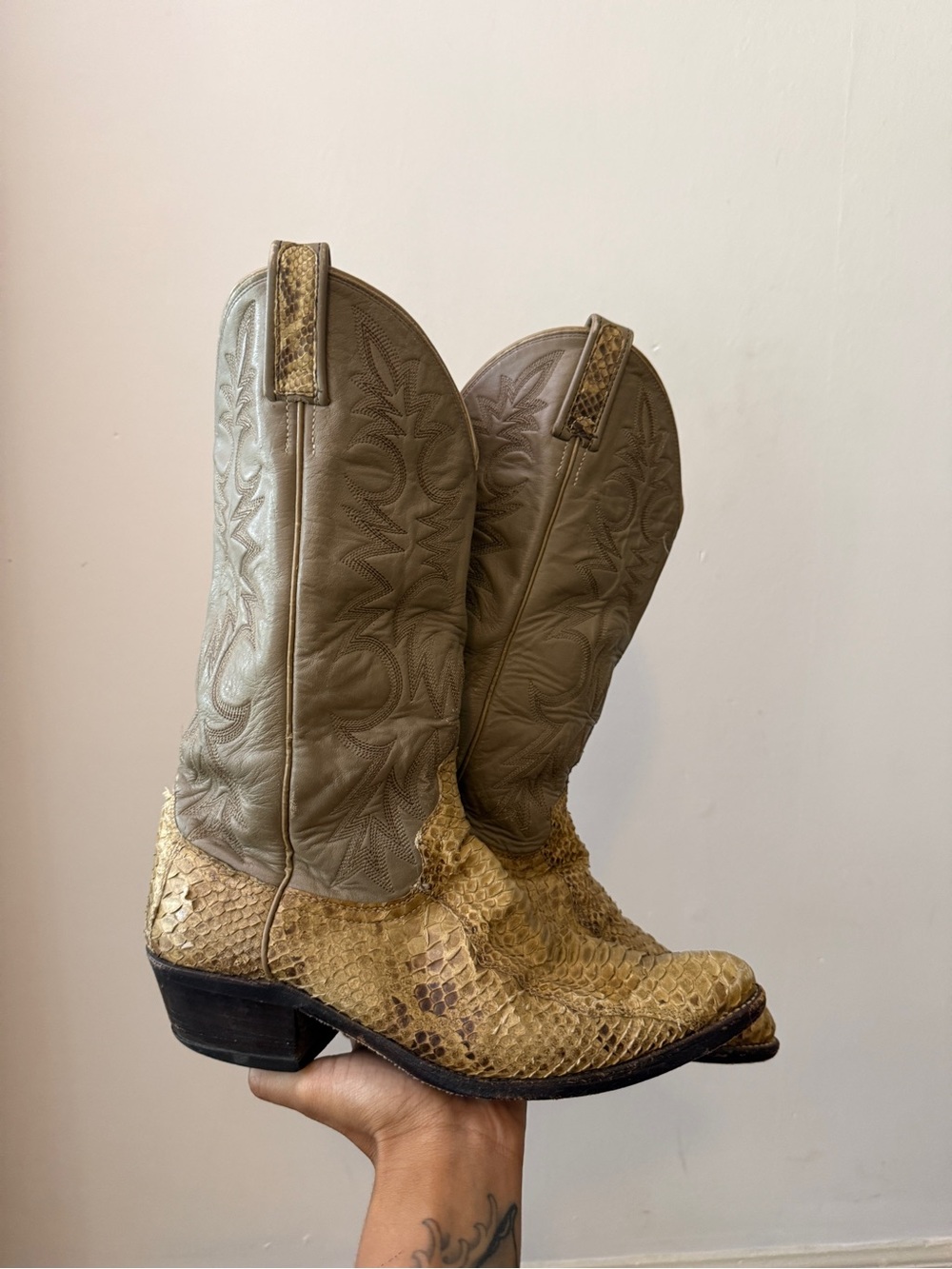 Dan Post Olive Green Leather & Yellow Tan Snakeskin Cowboy Boots